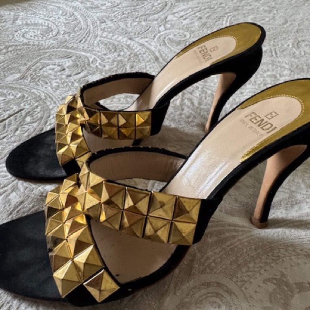 Fendi Black and Gold Studded Heels